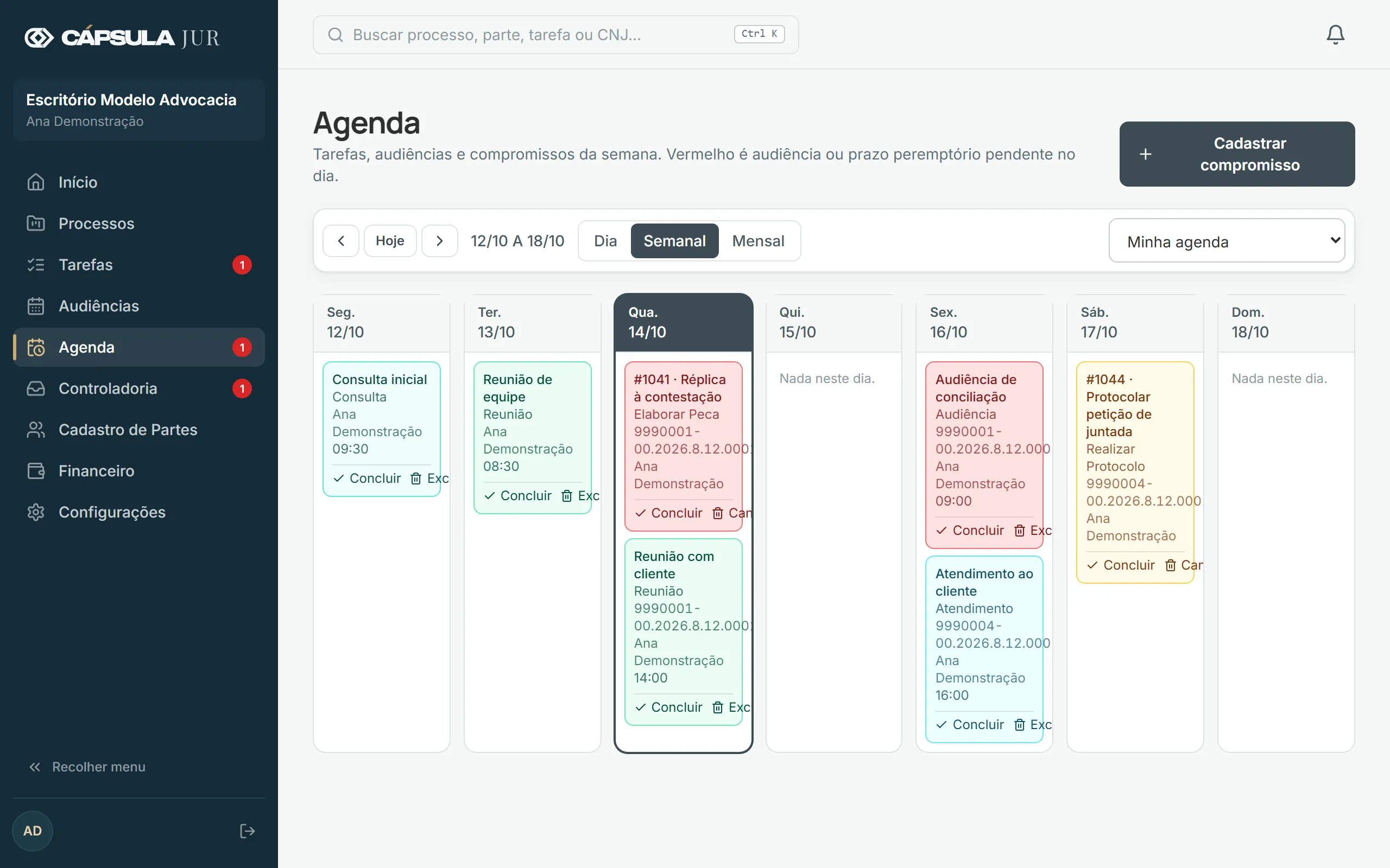 Agenda do escritório com compromissos e audiências