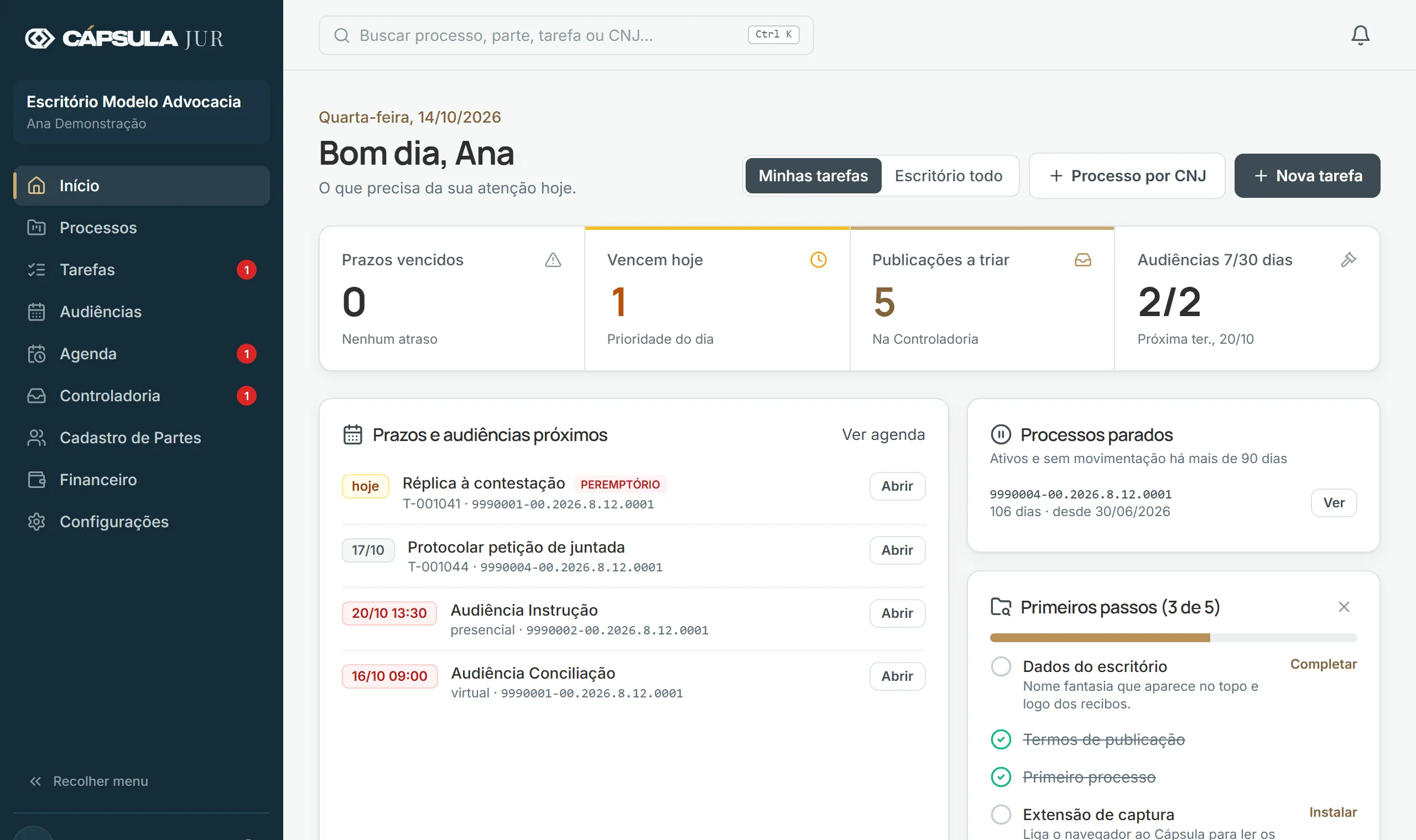 Tela inicial com prazos vencidos, prazos de hoje, publicações a triar e audiências da semana