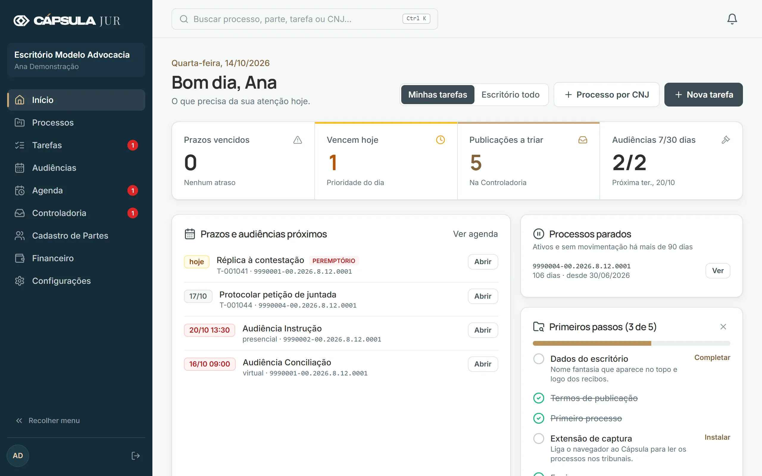 Tela inicial com os indicadores do dia e os próximos prazos